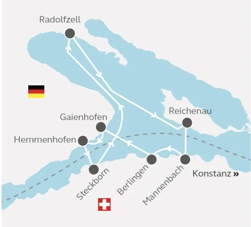 Karte des Herbst-Hopping-Rundkurses mit Reichenau, Mannenbach, Berlingen, Steckborn, Hemmenhofen, Gaienhofen und Radolfzell